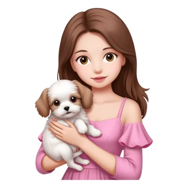 beautiful girl with long hair wearing pink dress holding a white Maltese puppy sticker