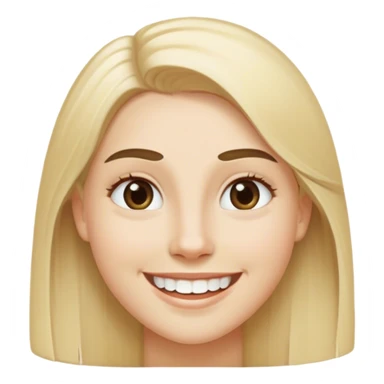 Hair: Long, straight, light blonde with darker undertones Eyes: Light-colored (possibly blue or hazel) Eyebrows: Well-defined and slightly arched Facial Shape: Oval with soft features Skin Tone: Fair/light complexion Expression: Big smile showing teeth, creating a happy and friendly look sticker