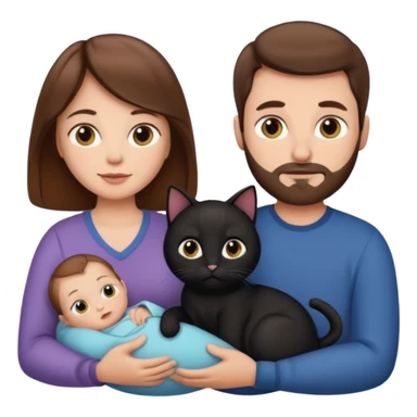 1 mom brown hair, 1 dad NO beard, 1 baby and 1 black cat sticker