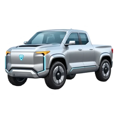 A futuristic electric pickup truck emoji, silver chrome body, angular cyber design, smooth metallic panels, subtle reflections, minimalistic proportions, iOS emoji style, centered composition, clean white background, soft lighting sticker