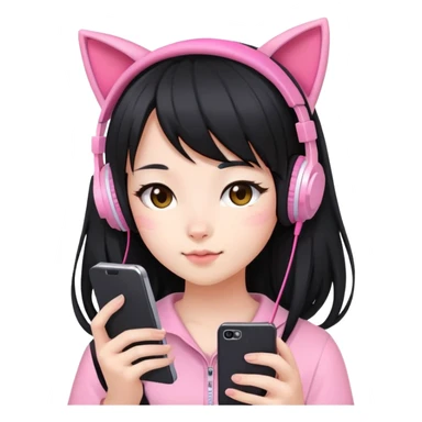 Extra cute Japanese girl with long hair, wearing pink cat ear headphones and holding a mobile phone sticker