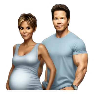 Halle berry standing next to mark Wahlberg both are pregnant sticker
