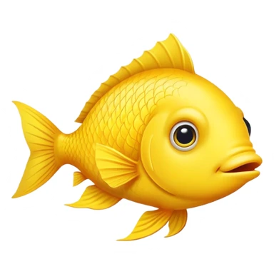 bright yellow fish in strict side view profile, facing exactly to the right, only one side visible, single eye, perfectly flat 2D representation, dopey stupid expression sticker
