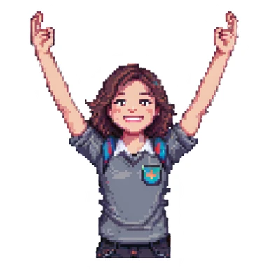college student smiling in front of a laptop, arms raised in a hooray position, pixel art style sticker