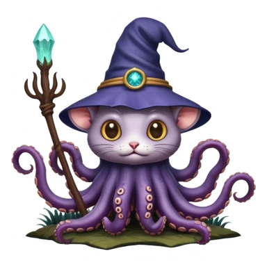 a cat that looks like a wizard that is half monster half octopus holding a rat looking super scary and mysterious with forest background nighttime sky sticker