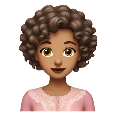 a brunette girl with large curls, fair skin, brown eyes, full lips, in a pink blouse with lace sticker