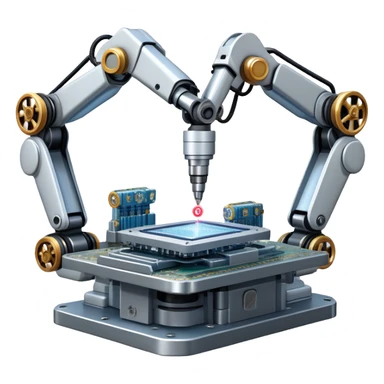 An icon featuring a giant robotic machine welding a large microchip with a laser, using two robotic arms. The design includes circuit boards, gears, and technical schematics, symbolizing advanced engineering and automation. Transparent background highlights the fusion of technology sticker
