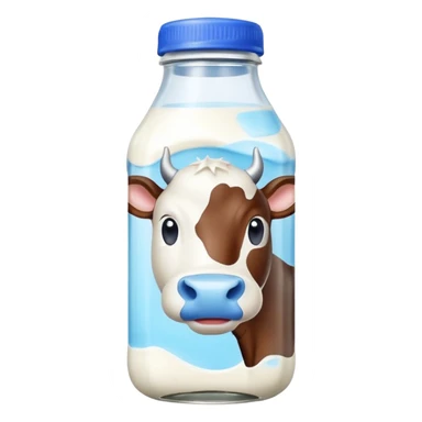 A 3D cartoon glass bottle of cow’s milk — white liquid, blue cap, clear reflections, Memoji-style rendering. sticker
