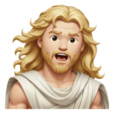 Cinematic Realistic Thor Portrait, head tilted slightly with a dramatic, wide-open yawn, revealing a moment of unguarded human vulnerability amidst his divine stature. His fair, luminous skin and elegantly styled, wavy golden hair maintain their sculptural perfection even in repose. Dressed in a flowing white toga with understated golden accents, the portrait is bathed in soft natural light, capturing a rare glimpse of relaxed, timeless strength from a Greek god reborn. sticker