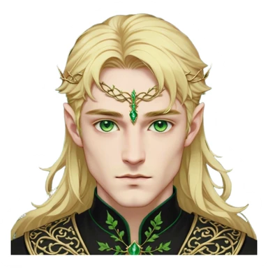 A golden-haired High Fae male with striking emerald-green eyes, his features sharp and aristocratic. He wears a deep black tunic embroidered with green ivy-like patterns, symbolizing his connection to nature. Though his broad frame and strong jawline exude power, there is a weight behind his eyes—something restrained, something broken. sticker