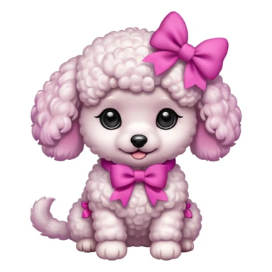 Two white toy poodle–style dogs, fluffy curly fur, round faces, black button eyes. Hot-pink paws, purple-dyed ear tips. One taller dog standing upright wearing a large pastel pink bow, one smaller round dog sitting. Cute plush emoji style. sticker