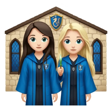a pretty ravenclaw girl with long dark brown hair and blue eyes standing with a hot Slytherin girl with long blonde hair, blue eyes sticker
