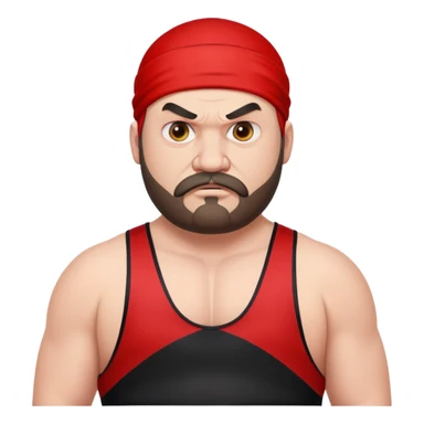 Close-up of extremely fat white skin guy with young face, beard and mustache, no muscle with prominent black durag, black eyes in a red and black wrestling singlet with angry face sticker