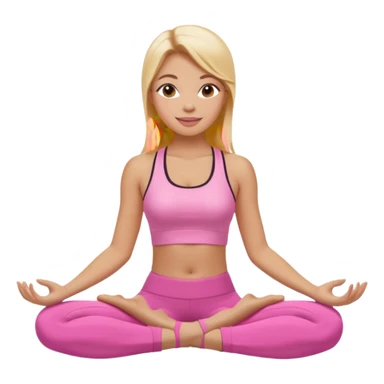 Mujer color de piel moreno claro con cabello rubio suelto y lacio y largo, que tenga gloss en los labios y se vea usando Blush rosita, usando un top rosa deportivo y leggins deportivo rosa en una pose de yoga sentada, viendo hacia enfrente con ojos negros y sonriendo sin mostrar los dientes sticker