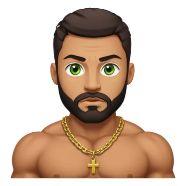 green eyes, dark short hair, muscular shoulders, wide cross, gold chain, big lips big nose big eyes, masculine good looking, dark beard, muscular strong looking sticker
