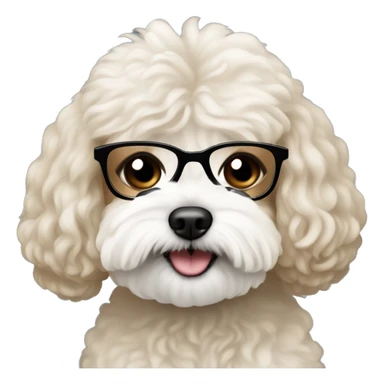 Light brown woman with long black hair and black  glasses holding white MaltiPoo sticker