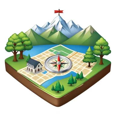 An icon featuring a local map, a compass, and regional landmarks, symbolizing local studies. The design includes a tree, mountains, and buildings, representing the unique geography and culture of a specific area. Transparent background highlights the exploration of local history and environment. sticker