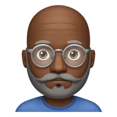 African american male, bald, full gray beard, black mustache. Round face, glasses sticker