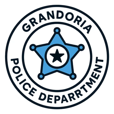 contemporary circular police badge for GRANDORİA POLİCE DEPARTMENT, geometric elements, flat design, blue and white colors, modern sans-serif text, clean and authoritative sticker