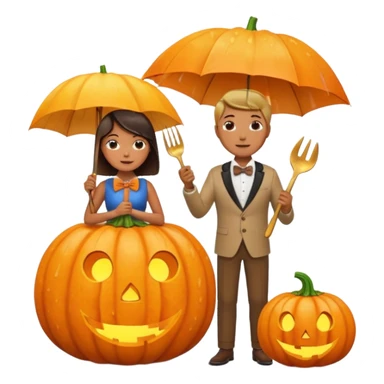 Make a guy hugging a giant pumpkin with a fork in his right hand while there's fire while there's a lady watching while it's raining while there's an umbrella on the ground that's alive and the sun has a bow tie on his neck sticker