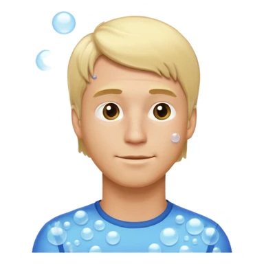 blonde man taking a shower, side view, covered with bubbles, friendly expression, modest, emoji style sticker