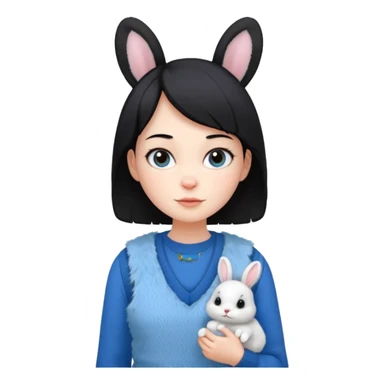 make a girl hair short black and wear bunny skin pale ok and wear Sweater vests blue and make little bit a younger sticker