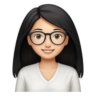 medium tan asian woman with long black hair past middle of back, round brown eyes, white v neck blouse. she has black thick frame rectangular glasses on and smilling sticker
