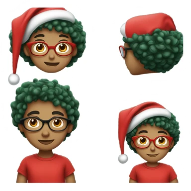 Unisex person ’light skin’ ’short curly dark green hair’ in a ’red Santa hat’ and black tshirt and round glasses  sticker