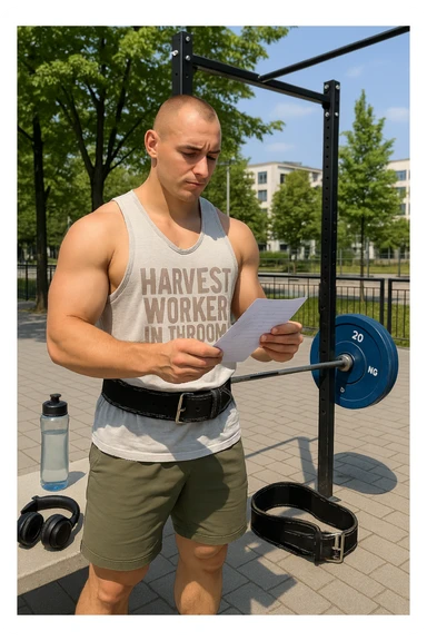 un uomo prepara con cura il suo set di pesi e la cintura per streetlifting, controllando una lista di esercizi e ripetizioni scritta su un foglio. Accanto a lui, una borraccia e delle cuffie. L’espressione è serena e sicura, a sottolineare l’importanza della programmazione per un allenamento efficace. Lo sfondo è un’area fitness urbana, pulita e ben attrezzata. sticker