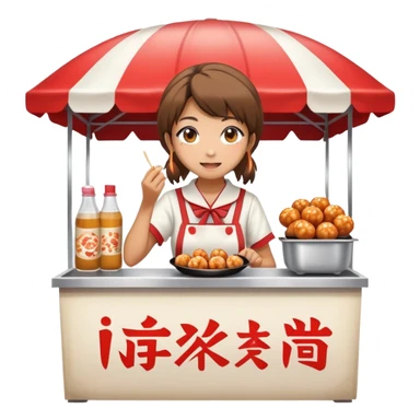 Japanese high school girl at cultural festival running food stall with takoyaki sticker