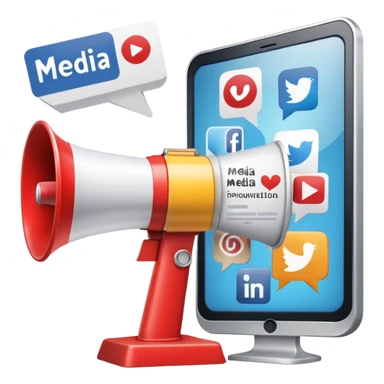 An icon featuring a megaphone, a billboard, and social media icons, symbolizing advertising and public relations. The design includes a press release and a rising graph, representing brand promotion and communication strategies. Transparent background highlights media influence and outreach. sticker