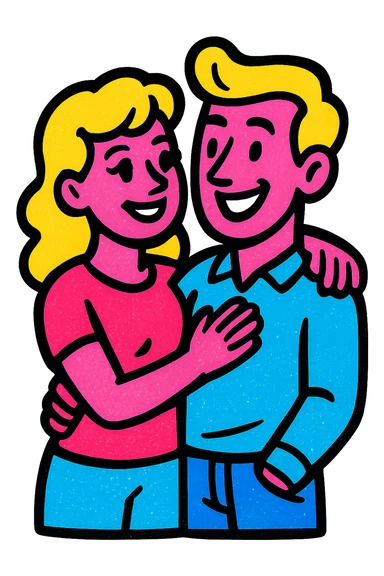 modern couple, two white people, male and female, vibrant pop art style sticker