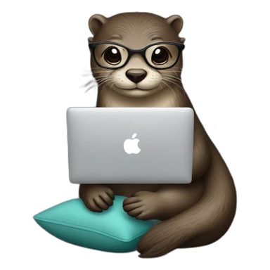 female otter with glasses use a macbook while seated against a pillow sticker