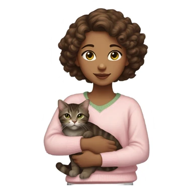 Dark Brown loose curly hair thats chest length light brown tan skin dark grey eyes young, holding only one dark brown tabby cat with white muzzle chest and paws and cat has yellowy green eyes. the girl wears a light pink sweater Simplified sticker