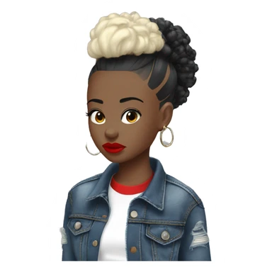Monochrome girl Mohawk black hair denim jacket hoop earrings red lipstick  sticker