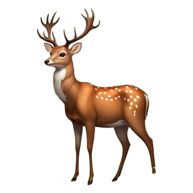 A majestic deer with large, branching antlers, standing in a serene forest clearing, surrounded by soft green foliage and dappled sunlight. The deer has a gentle expression, with a sleek, brown coat and white spots. The background is a blur of vibran sticker