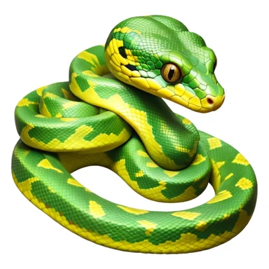 cinematic-green tree python-realistic-full-body-coiled-emoji,-thick-scaled-body-looped-tightly,-intricate-tellow and green-patterned-scales-reflecting-light,-head-tilted-dramatically,-slitted-eyes-staring-calmly,-simplified-yet-realistic-focused-feature sticker