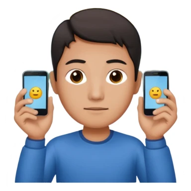 a chinese holding 1 smartphone with both hands in landscape mode(horizontally) on top of his forehead sticker