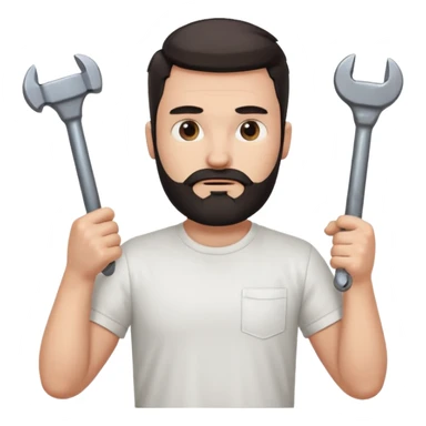  guy who looks very handsome, he has a dark beard, wears a white tee shirt and holds a wrench in one hand and a black hammer in the other hand sticker