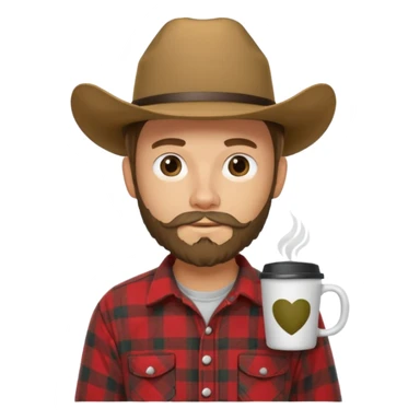 generate an ios genmoji of a 20 year old tan boy with a cowboy hat and mutton chop beard. Wearing a flannel and carrying a coffee mug sticker