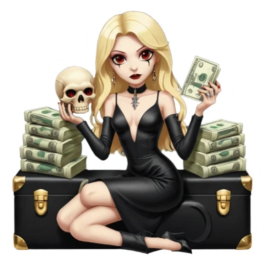 Lilith symbol red eye seductress evil shoulder length blonde haired sexy succubus woman with leather long dress with slit, sitting on a case of gold and cash. Black Platform high heels on feet. Tattoo sleeve arms, seat full of stacks of cash,  dead human skull of her enemies in her other hand sticker