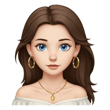A pretty white girl with brunette hair blue eyes  thin gold hoop earrings and a matching gold necklace in a white shirt that cuts off the shoulders her hair is long and she has a wolf cut sticker