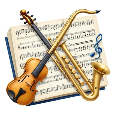 Create an elegant and artistic emoji that represents music arrangement and orchestration. The design should feature a conductor's baton, musical scores, and various orchestral instruments (e.g., violin, trumpet, electric guitar, synthesizer). Incorporate flowing lines to represent harmony and orchestral balance, along with a subtle representation of sheet music. Use rich, classical colors like gold, silver, or deep blue, and create an atmosphere of sophistication and precision. The background should be transparent. sticker