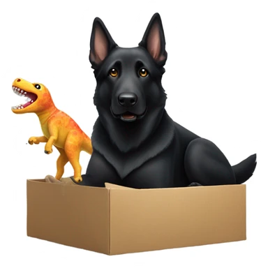 All black German shepherd with toy dinosaur sticker