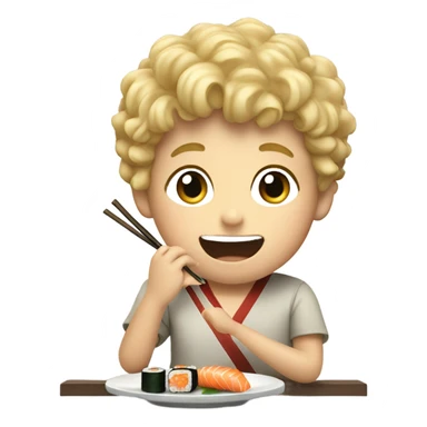 A blond boy with curly hair eating sushi sticker