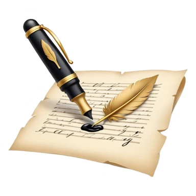Create a delicate, artistic emoji representing poetry. The design should include a black fountain pen or quill with ink flowing gently onto a piece of parchment or scroll. Add soft, flowing lines to represent the fluidity of verse and creativity. Include elements like a small ink bottle or a feather in the background, and subtle accents of gold or silver to evoke elegance and inspiration. The overall design should feel light, romantic, and whimsical. Make the background transparent. sticker