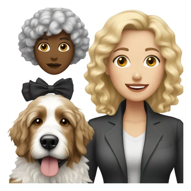 white woman with blonde hair with a large black and white bernedoodle sticker