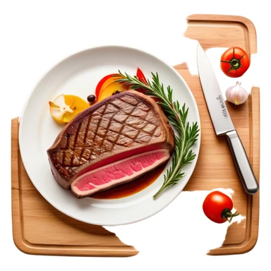 A photorealistic icon featuring a chef's hat, a cutting board with fresh ingredients, a knife, a plate with a well-plated dish, and a beautiful ribeye beef steak. Bright, detailed design with realistic textures and lighting. Transparent background, clearly symbolizing cooking and culinary arts. sticker