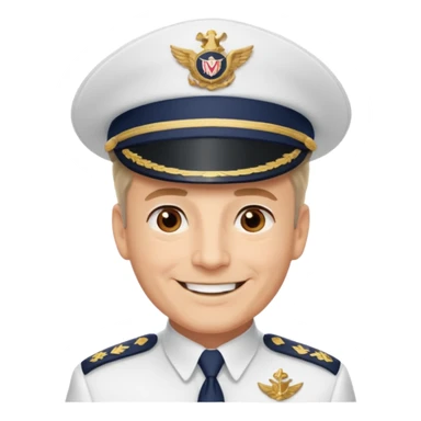 A light-skinned mid-aged man with brown eyes, smiling while wearing a white captain’s hat with a navy emblem. sticker