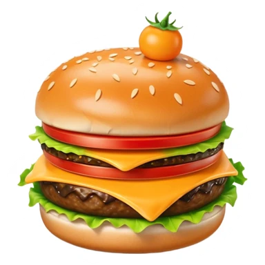 A cute 3D emoji-style burger with glossy finish, shiny bun with sesame seeds, melted cheese, fresh lettuce, smooth cartoon design, soft lighting, clean background, high-quality modern emoji look. sticker